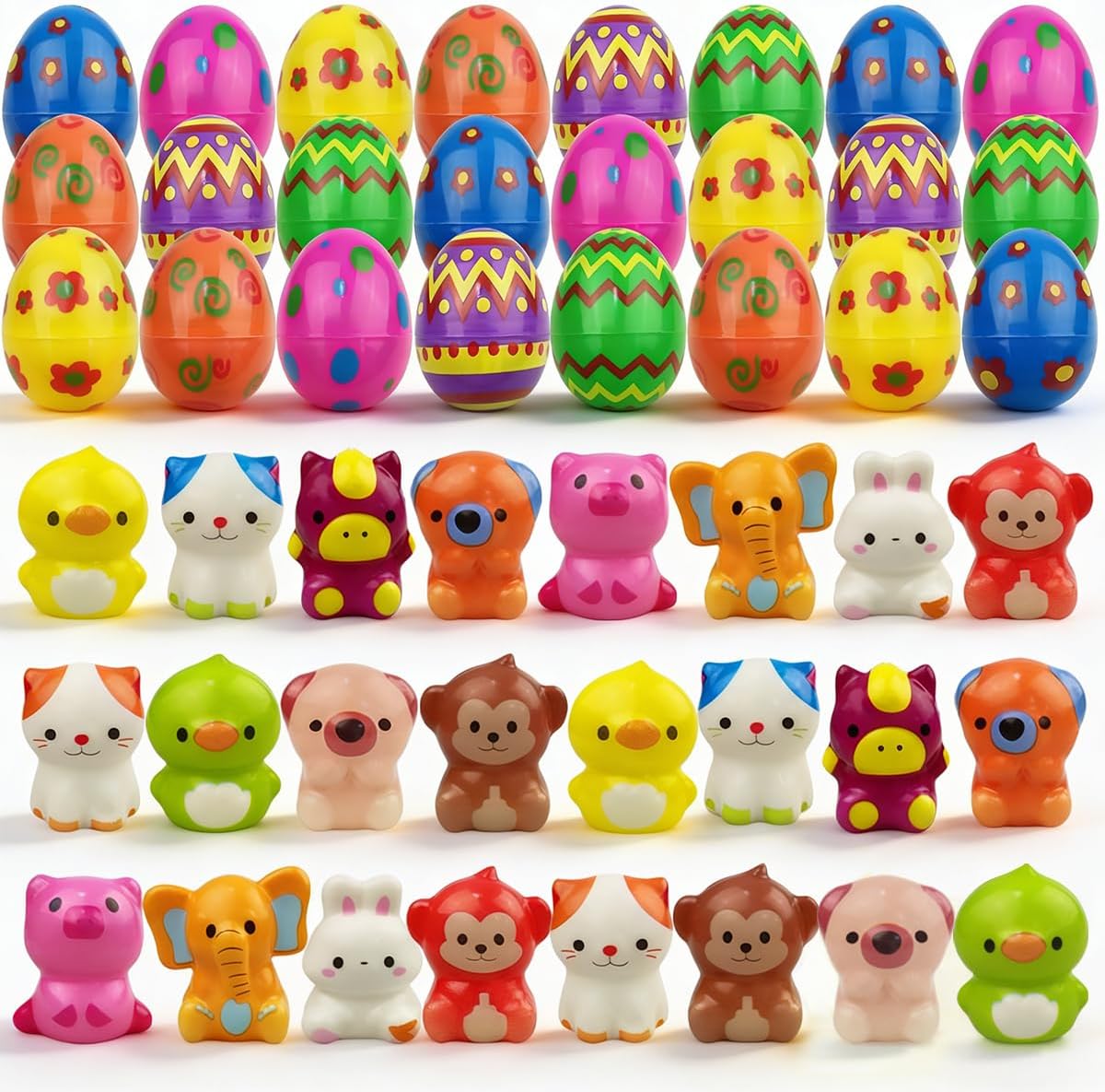 "24 Pack Prefilled Easter Eggs with Animal Squishy Toys – Slow Rising Stress Relief Toys for Kids Boys & Girls, Easter Basket Stuffers Gifts