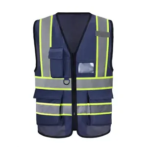 Highlight Reflective Safety Vest for Night Riding Unisex High Visibility Workwear with Multiple Pockets & Sturdy Zipper for Outdoor Work Navy Blue with Bright Yellow Strips