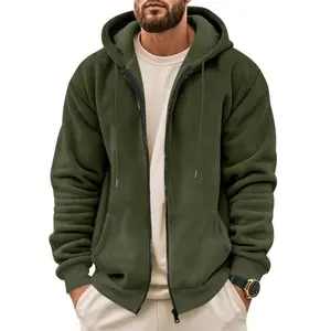 Men's solid color zipper hooded sweatshirt, plush Sherpa lining, adjustable drawstring hood, kangaroo pocket, soft and warm jacket, casual daily wear, fashionable and loose in autumn and winter