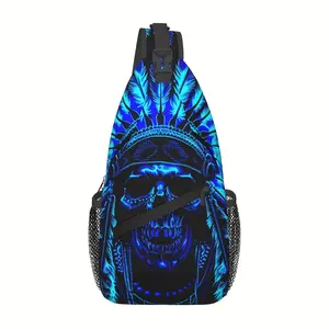 Crossbody chest bag for hiking, Indian western tribal blue skull shoulder bag, foldable, large capacity, stylish and durable, suitable for shopping, travel, beach bag, fishing backpack, essential Halloween travel accessory, school backpack, Christmas gift
