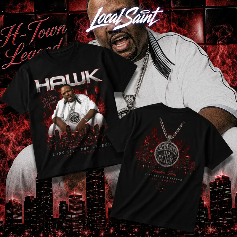LOCALSAINT Big Hawk Long Live The Legend Heavy Cotton Unisex Graphic T-Shirt Hoodie H.A.W.K Houston Rap Hiphop Texas Screwed Up Click DJ Screw 713 Crewneck Tee, Vintage Streetwear Graphic T-Shirt Direct To Garment Breathable Print