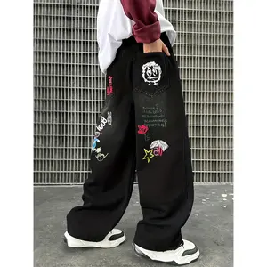 Boys' Y2K Style Cartoon Print Straight Leg Jeans - Black Loose Fit Denim with Fun Graphic Designs (Bear, Stars, Hearts) for Spring, Summer & Fall Outdoor Activities, Boy Jeans