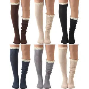 6 Pack Cotton Knit Boot Socks Women Knee High Socks Stockings with Lace Trim Boutique Socks Lace Socks Tall Boot Socks over Knee Thigh High Socks for Women, Khaki Coffee Navy Grey Black