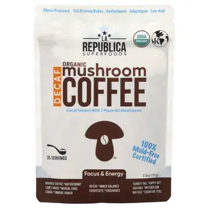 La Republica Organic Mushroom Coffee, Instant Coffee with 7 Mushrooms, Decaf, 2.5 oz (70 g)