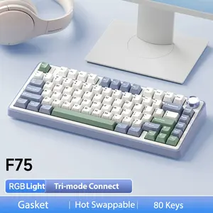 Official AULA F75 75% Wireless Mechanical Gaming Keyboard with Hot Swappable Tri-Mode USB Charging Keyboard RGB Rainbow Backlight Knob Control Gaming Cream Keyboard Budget Keyboard Bluetooth Office PC Accessories  TikTokShopfalldealsforyou