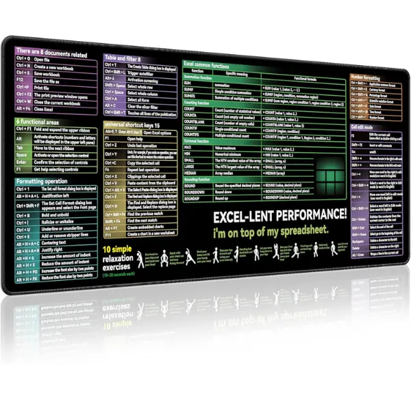 XL Excel Cheat Sheet Desk Pad Mousepad - 31.5x11.8in Office Accessories, Home Office Desk Accessory with Excel Shortcut Keys, Waterproof, Anti-Slip, Smooth Surface for Keyboard and Mouse