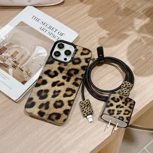 6 Piece Set Leopard Print Phone Case, Charger Head Cover, Cable Protector, Storage Rope, Data Line Protection, Fits iPhone 6-17 Pro Max