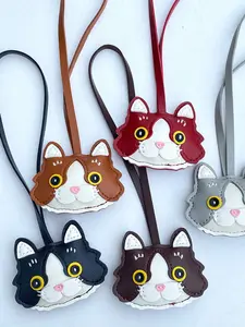 PU Leather Cat Keychain Bag Charm, Cute Cat Face with Tiger Striped Ears, Durable Key Ring Accessory, Perfect Gift for Cat Lovers