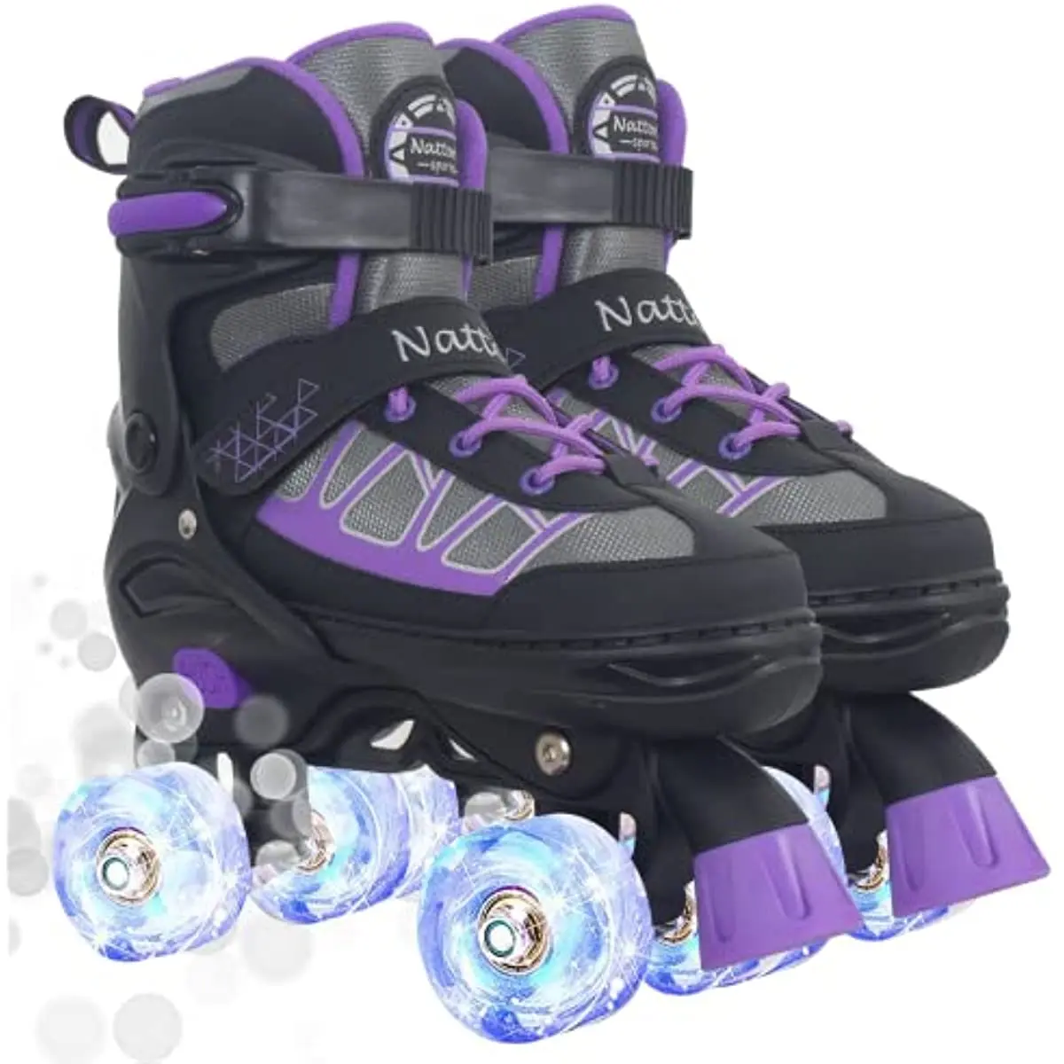 Nattork Kids Rollerskates, Purple High-Top Adjustable 4-Size Skates with 1-Push Change, 8 Light-Up Wheels, Breathable Mesh & ABEC-7 Bearings for Indoor/Outdoor Skating, One-Push Change