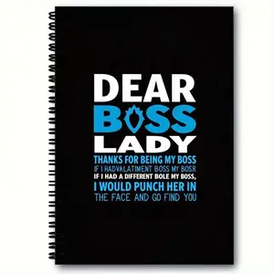 Dear Boss Lady Notebook - Black Spiral Bound Journal with Funny Typo Text on Cover, Cool Gift for Office, Vertical Bold Stylized Design, White & Blue Text Against Black Background