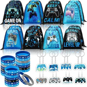 48 Pcs Video Game Party Favors Bags Sets for 16 Kids Blue Black Video Game Gift Drawstring Backpack Goodie Bags for Snacks Candy with Wristband Keychain for Birthday Party Supplies Decor