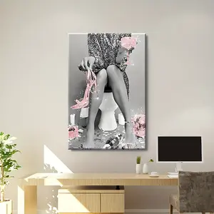 Chic Woman Wearing High Heels in the Bathroom Framed Oil Painting, Modern Wall Art, Home Living Room Bedroom Office Wall Decoration, Home Decor Poster Ornaments Photo