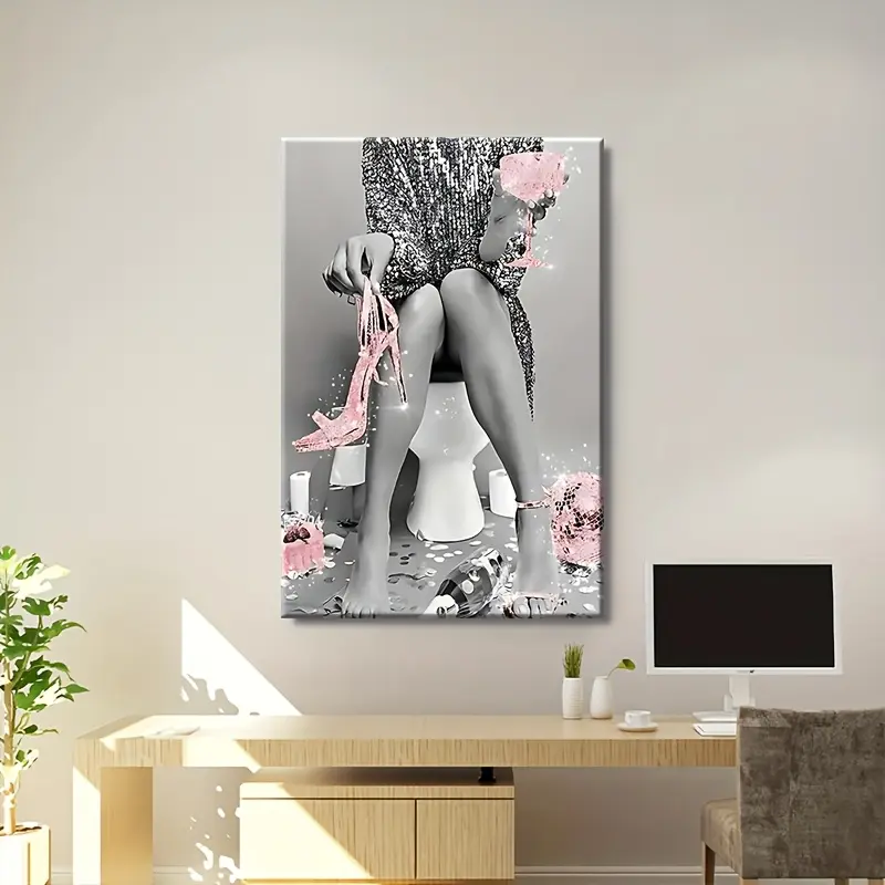Modern Pine Wood Angel Motif Artistic Oil Painting - Chic High-Heel Scene Woman Print, Decorative Patterned Indoors Wall Decor for Living Room, Bedroom