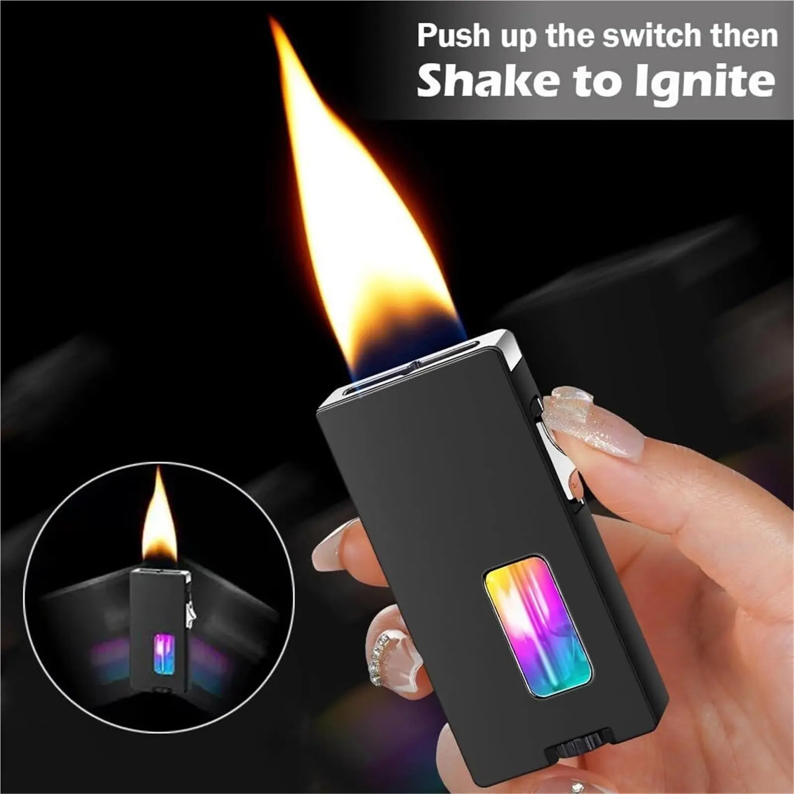 Butane Gas NOT Included) Extra Wide Soft Flame Butane Windproof Lighter, 7-Hole  Flame Port, Shake to Ignite, Visible Transparent air Window, with Safety  Lock, Suitable for Candle Camping(Black) - TikTok Shop