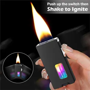 (Butane Gas NOT Included) Extra Wide Soft Flame Butane Windproof Lighter, 7-Hole Flame Port, Shake to Ignite, Visible Transparent air Window, with Safety Lock, Suitable for Candle Camping(Black)