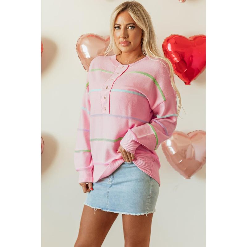 Pink Rainbow Stripes Drop Shoulder Baggy Henley Sweater