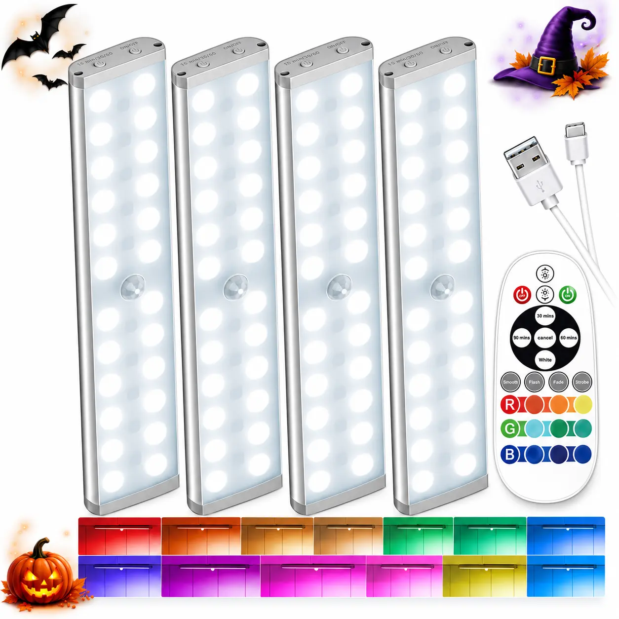 Diomart RGB Motion Sensor Under Cabinet Lights, 4-Pack USB-C Rechargeable Magnetic Light Bars with Remote, Dimmable White & Color Lighting for Kitchen & Closet