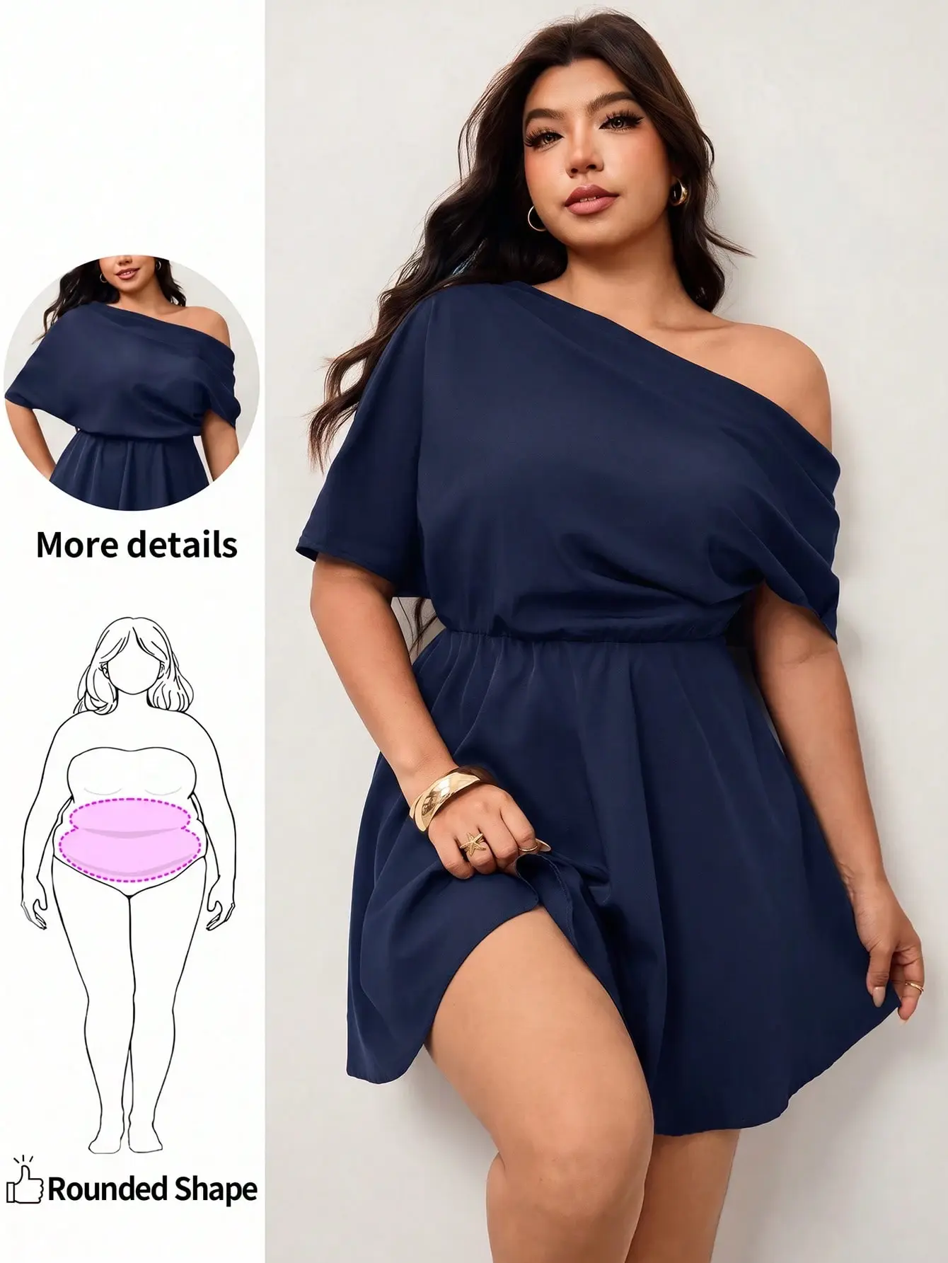 VYNCE Plus Size Women's Asymmetric Neckline Waist-Cinched Umbrella Skirt Dress Solid Brown Summer Stylish Versatile Flowy Dress