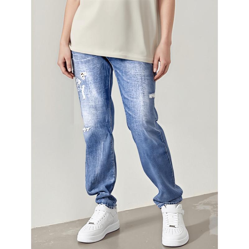 Womens Straight Leg Jeans Button Down Low Rise Ripped Jeans Plus Size Boyfriend Distressed Denim Pants with Pockets