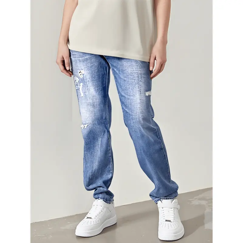 Womens Straight Leg Jeans Button Down Low Rise Ripped Jeans Plus Size Boyfriend Distressed Denim Pants with Pockets