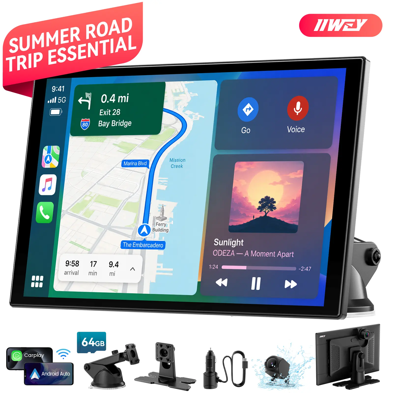 【Pro Edition】11in Wireless CarPlay & Android Auto Screen for Car, IIWEY iK11Pro, Full Laminated HD Touchscreen, 4K Dash Cam, 1080P Rear Camera, 5GHz WiFi, Bluetooth 5.0, FM/AUX, Phone Mirroring, Voice Control, 64GB Card Included