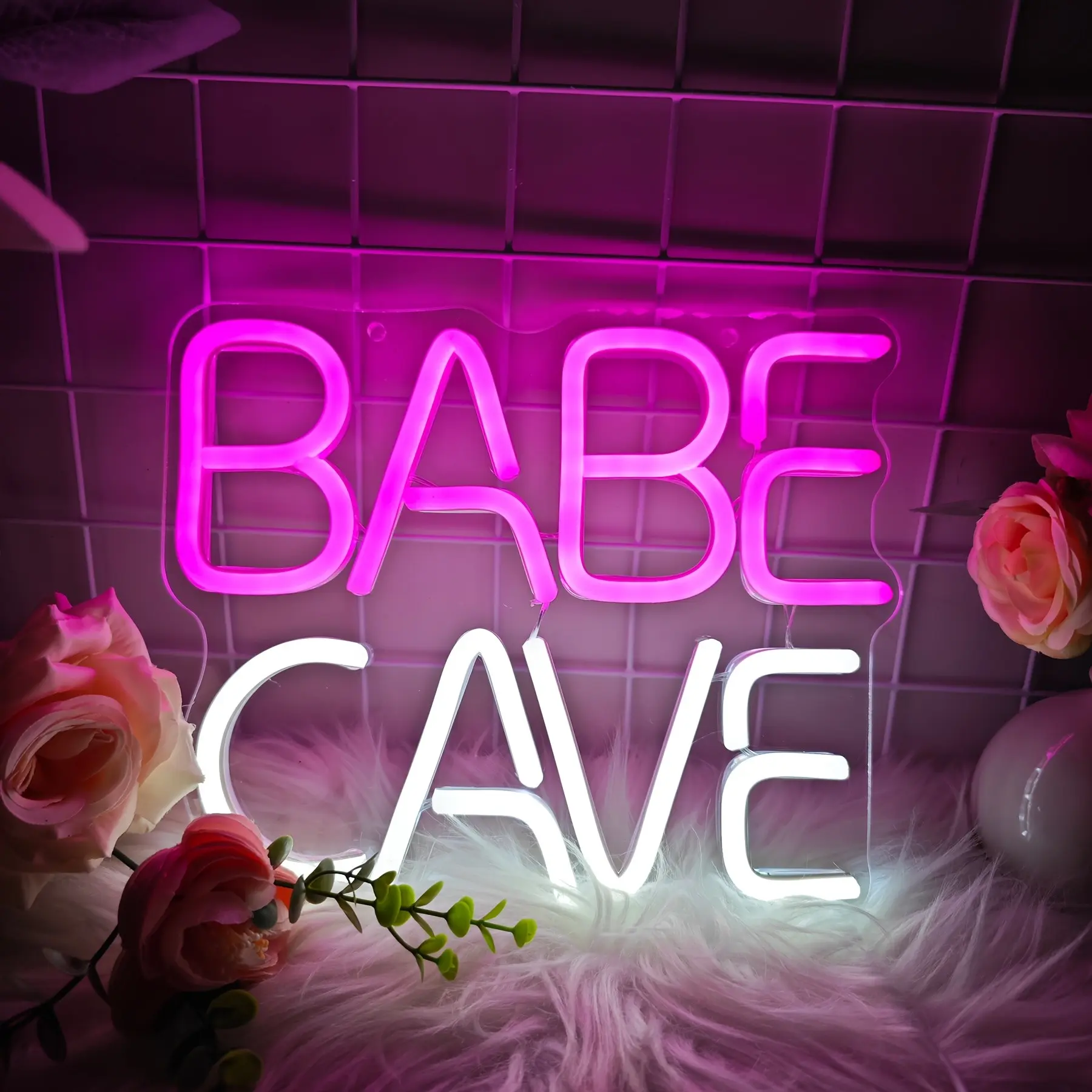 1PC BABE CAVE Neon Light - USB-Powered Pink & Cool White Wall-Mounted Lamp with Switch Control, Decorative Ambiance Lighting, Romantic Decor for Home, Bedroom, or Party, No Battery Needed, Neon Signs for Wall Decor
