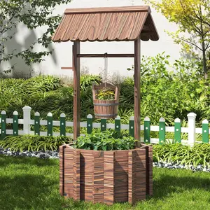 Outdoor Wooden Wishing Well Planter with Hanging Bucket for Flower and Plants, Home Decor for Patio,Garden, Yard,25.6" W/Reinforcement Base