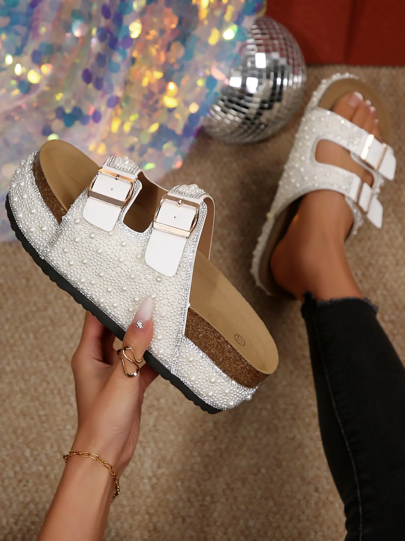 Women's Pearl Rhinestone Slippers, Summer Slide Slippers, Thick Sole PU Leather, Ethnic Pattern, Fashionable Outdoor Wear, Versatile One-Strap Sandals, Footwear