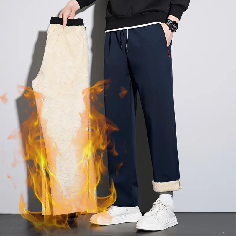 Men's Plain Mid Waist Straight Trousers, Thick Sherpa Lined Knitted Pants with an Elastic Waistband for Casual Winter Wear, Knitting, Polyester Knit, Fitted, Fleece, Normal Type, Menswear
