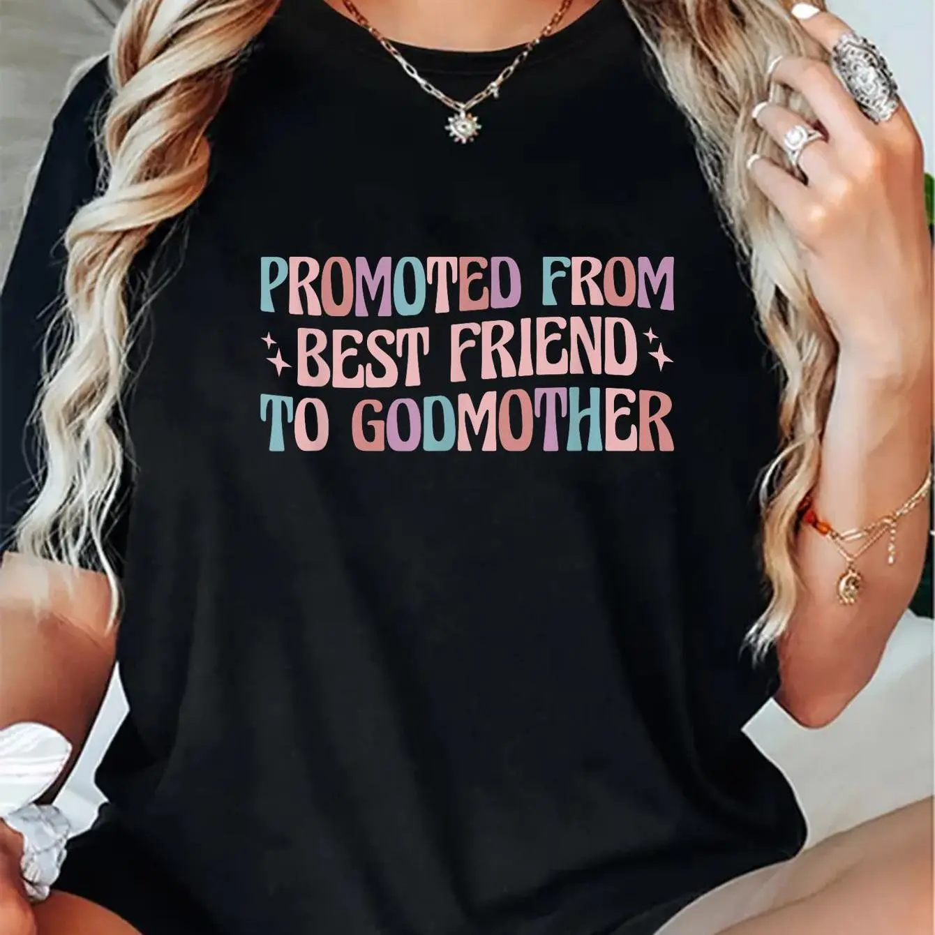 Women's 100% Cotton Casual Short-Sleeve Round Neck Graphic T-Shirt - "Promoted from Best Friend to Godmother" Print, Black, Classic Fit, Everyday Wear, Shortsleeve, Top, Vintage, Womens Gifts