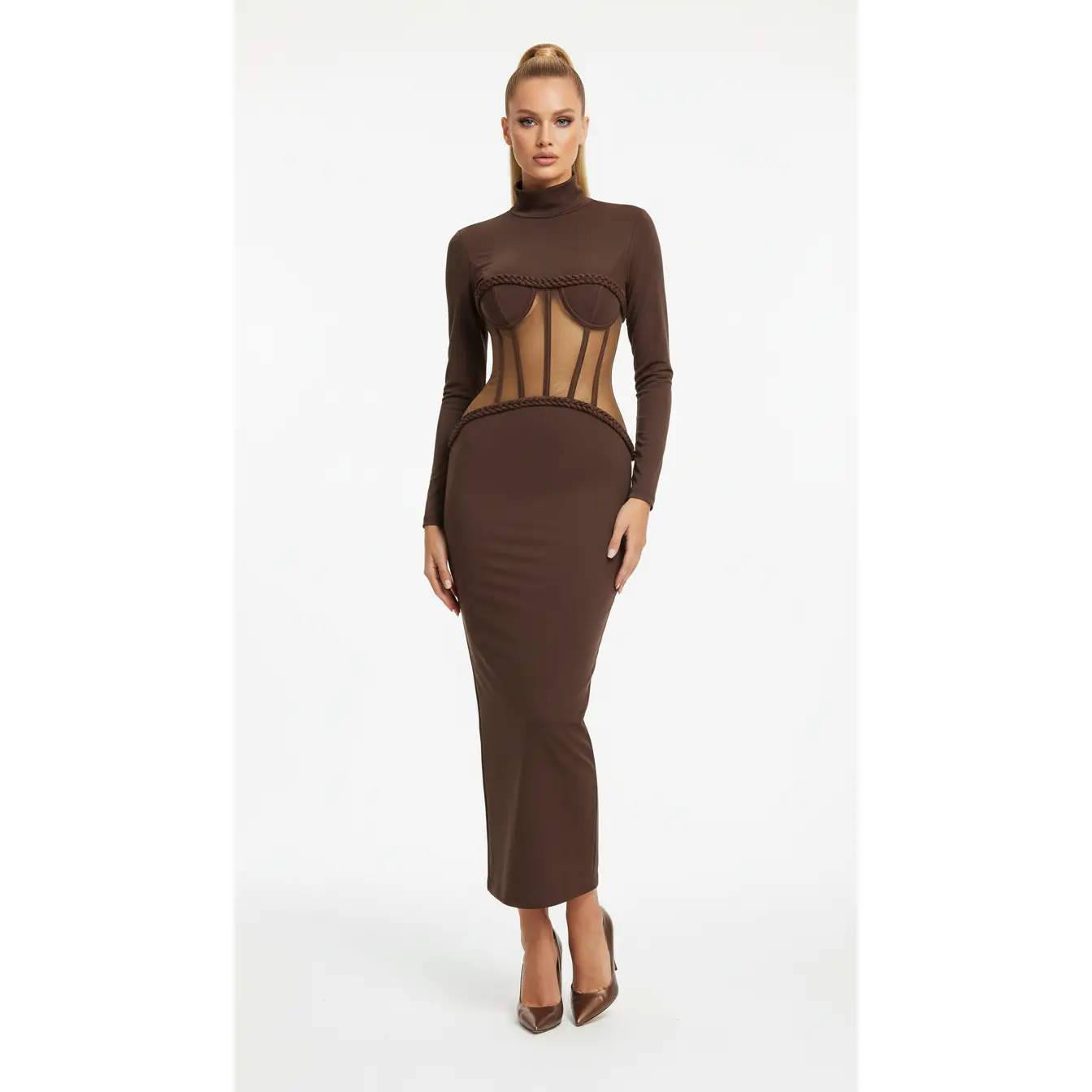 Women's Chocolate Brown Mesh Insert Bandage Maxi Dress, Long Sleeve Corset Bodycon Gown
