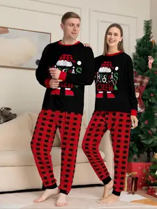 Christmas Themed Couple Pyjama Set, Casual Comfy Cartoon Print Long Sleeve Top & Plaid Print Pants Pajama Set, Couple Sleepwear for Spring & Fall