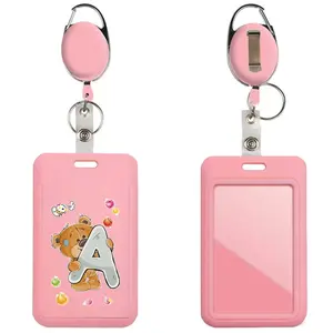 Sliding Id Badge Holder Hard Vertical Employee Card Case Retractable Carabiner Clips Waterproof Pvc Protector Card Pouch Sleeve with Clear Window for Offices Staff Students Nurses Drivers Bear Pattern