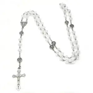 Crystal Beaded Rosary Necklaces For Men And Women, Religious Prayer Chain With Silver Crucifix Pendant, Transparent Faceted Bead Devotional Accessory For Daily Wear And Faith Gifting