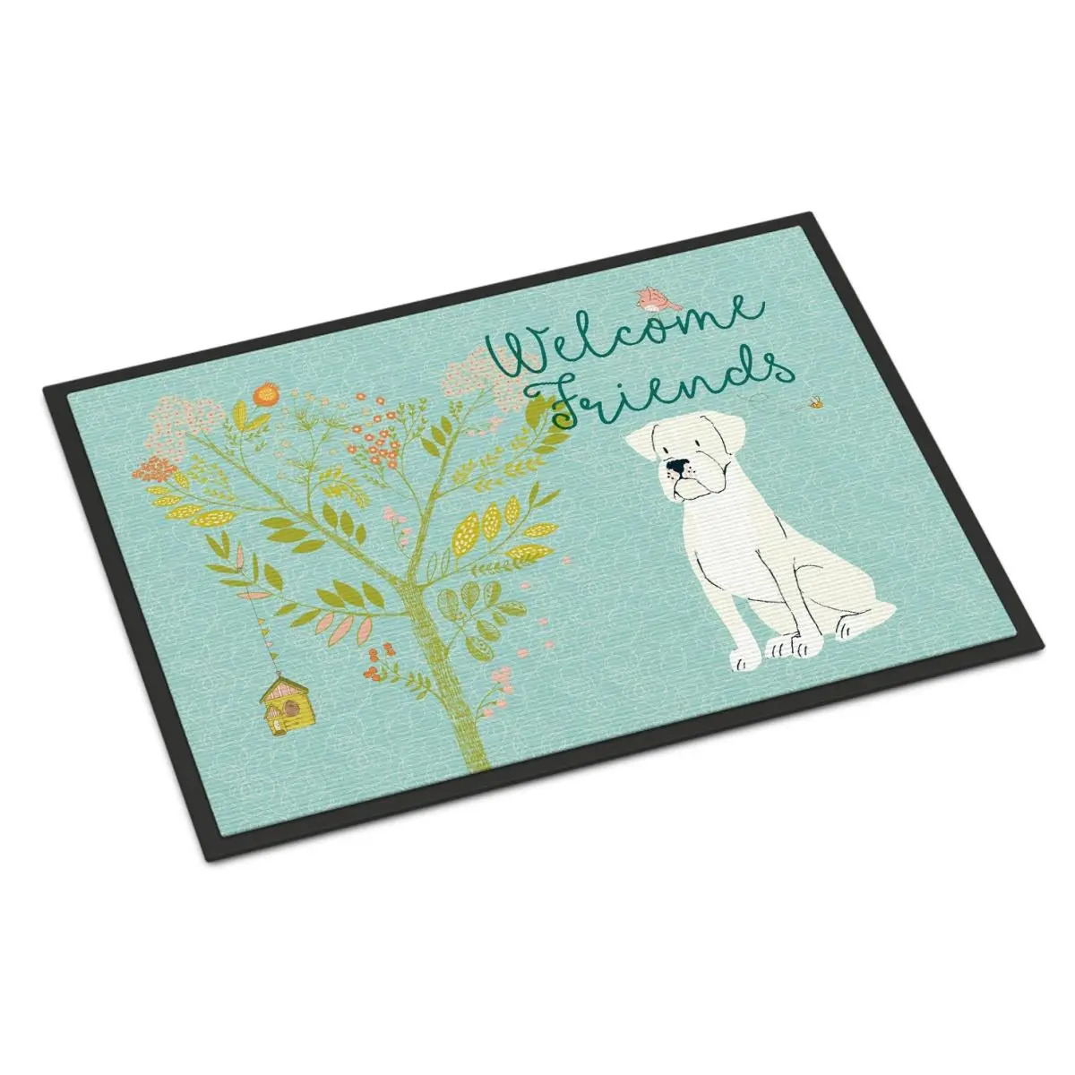 Carolines Treasures Welcome Friends White Boxer Rug - 24x36 in, Durable, Fade-Resistant, Non-Slip Rubber Indoor-Outdoor Mat