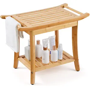 VEVOR Bamboo Shower Bench, 24 x 13.8 x 18.9 in, Waterproof Shower Stool Chair with Storage Shelf Handle, 300 lbs Load Capacity Spa Bath Seat Organizer, for Adults Seniors Women Elderly Indoor Outdoor