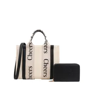 Canvas Tote Bag with "Cheers" Straps – Small Shoulder Handbag with Pockets