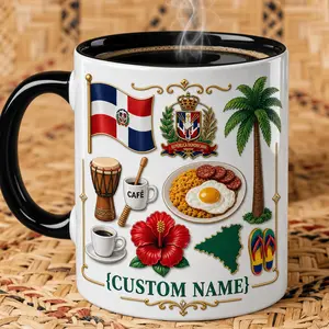 Custom Dominican Republic Pride Mug, 2D Printed 3D Effect Ceramic Coffee Cup, Flag Palm Coffee Drum Island Food Design, Personalized Gift for Dominicans, Caribbean Heritage Lovers, Birthday Christmas Gift