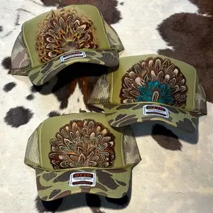 Otto Western Feather Crown Trucker Hat Green Camo Camouflage  - 1970s Inspired Semi-Structured Foam Hat with Unique Feather Design Snap Closure & Curved Visor