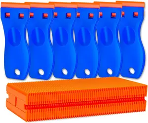 Plastic Razor Blade Scraper Tool, 6 Pcs Razor Scraper with 60 Pcs Plastic Blades, Cleaning Scraper Remover for Removal Floor Stove Scraping Labels and Decals Sticker on Car Window Glass