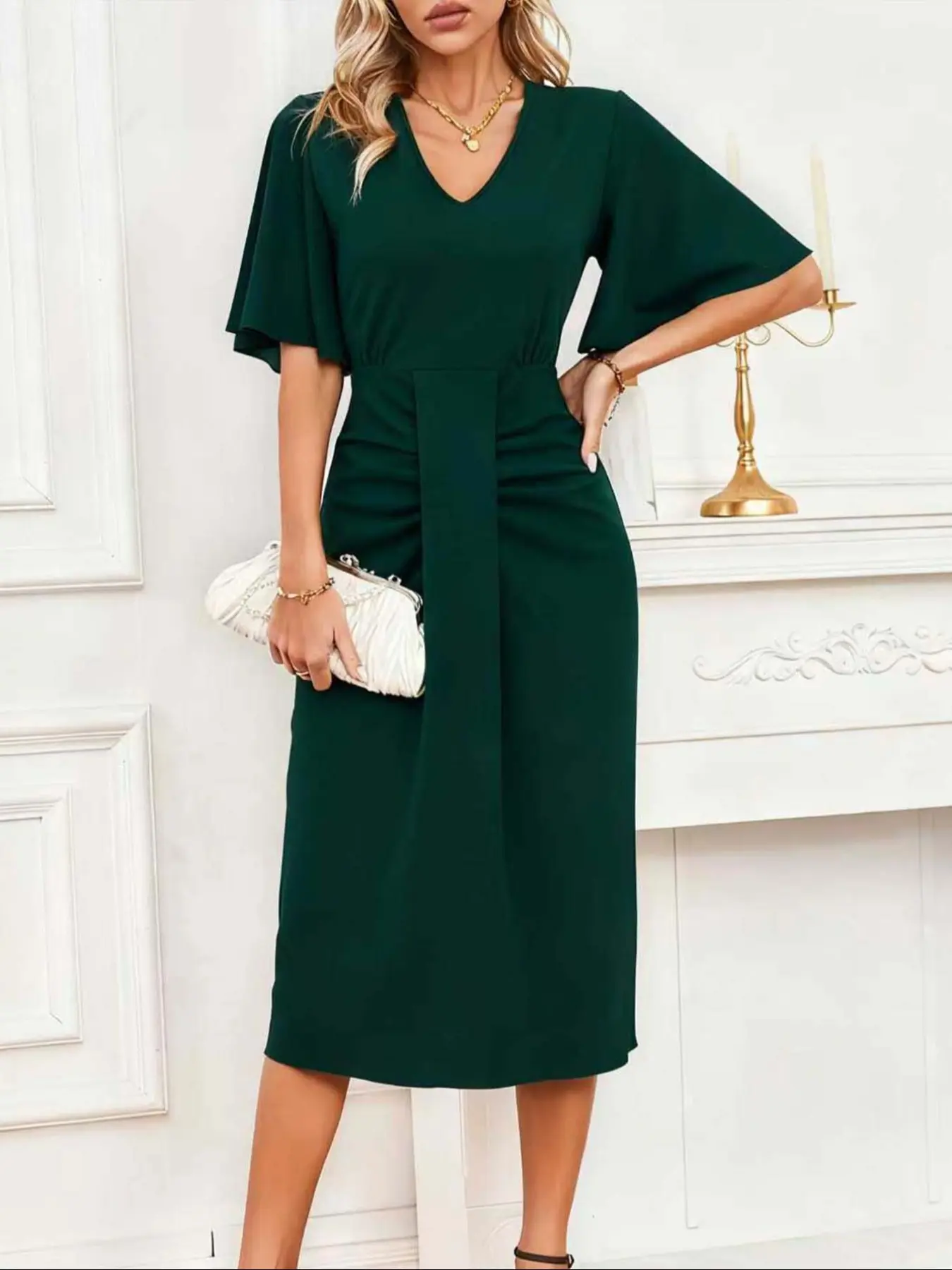 Women's Solid Color Short Sleeve V Neck Slim Fit Fitted Midi Dress, Waist Cinched Ruched Design, Elegant Commuter Formal Wear Dress for Office or Party Womenswear