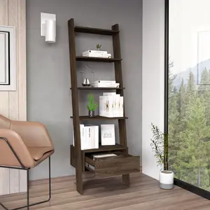 Ladder Bookcase Bull, One Drawer, Five Open Shelves, Dark Walnut Finish, Bookcase Shelf for CDs/Movies/Books, Home Office Bookcase Shelf Storage Organizer, Modern Book Shelf for Bedroom/Living Room/Home Office