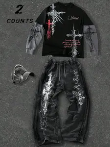 Unisex set, dark gothic style. Gothic patterns and cross-stitch designs on printed t-shirts and sporty long pants, lightweight for spring and autumn, retro-style patchwork design. Y2K style, suitable for gothic streetwear. Casual, perfect for romantic gif