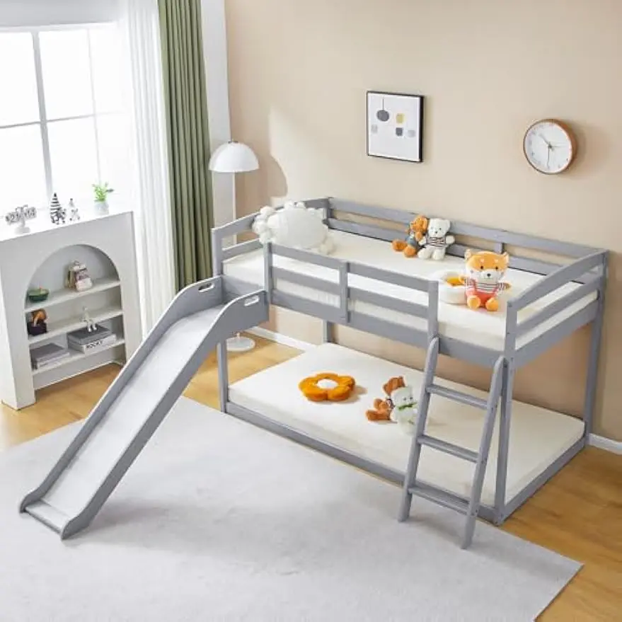 JOYMOR Bunk Bed with Curved Slide, Bunk Bed Twin Over Twin, Bunk Bed with Slide and Angled Ladder, Solid Pine Wood Slide Bed,14" Safety Guardrail, Anti-Slip Steps