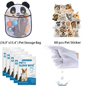 30pcs Disposable pet gloves, suitable for cleaning cats and dogs, dry cleaning gloves, disposable wet wipe set, includes 60 pet cat and dog stickers, eco-friendly dog wet wipes, glove wet wipes pet storage bag (16.9 x 15.4cm )