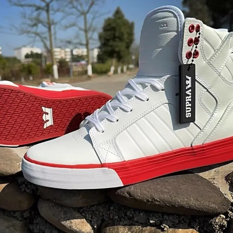 Supra Skytop High Top Skate Shoes Red and White Pebble Leather