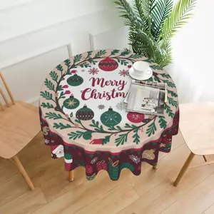 Christmas Themed Tablecloth, 1 Count Cartoon Wreath Design Round Holiday Tabletop Decoration, Festive & Party Supplies for Home Office Cafe
