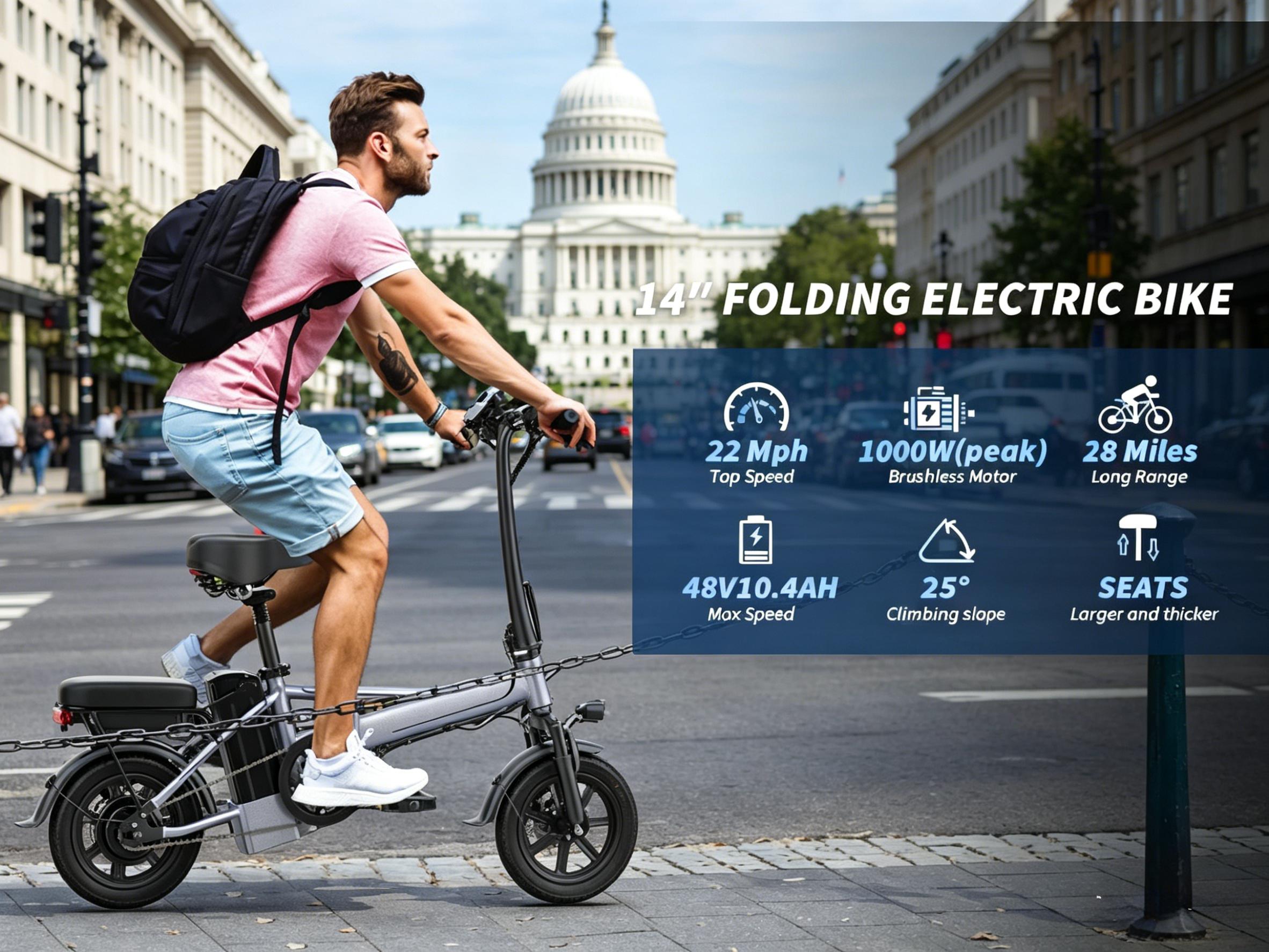 US 14" Foldable Electric Bike for Adults | 750W Peak Motor, 22 MPH Speed | 48V 10.4Ah/15.6Ah Battery, Electric Scooter| with Dual-Seat and Multi-Shock Absorption & Smart APP | With Phone Holder | UL2849 Certified Motor | Nice for Gift & Daily Commutes US 14" Foldable Electric Bike for Adults | 750W Peak Motor, 22 MPH Speed | 48V 10.4Ah/15.6Ah Battery, Electric Scooter| with Dual-Seat and Multi-Shock Absorption & Smart APP | With Phone Holder | UL2849 Certified Motor | Nice for Gift & Daily Commutes