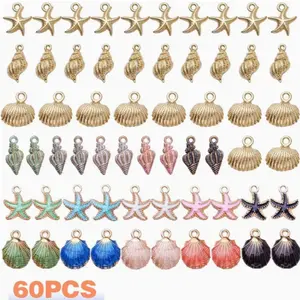 60pcs Marine-Themed Jewelry Pendants - 3D Ocean-Style Charms with Coral, Fish, Shells, Anchors, Starfish, Mermaids - Multi-Color (Green, Red, Golden, Necklaces, Keychains - Halloween, Christmas Gifts - Durable Crafting Charms）