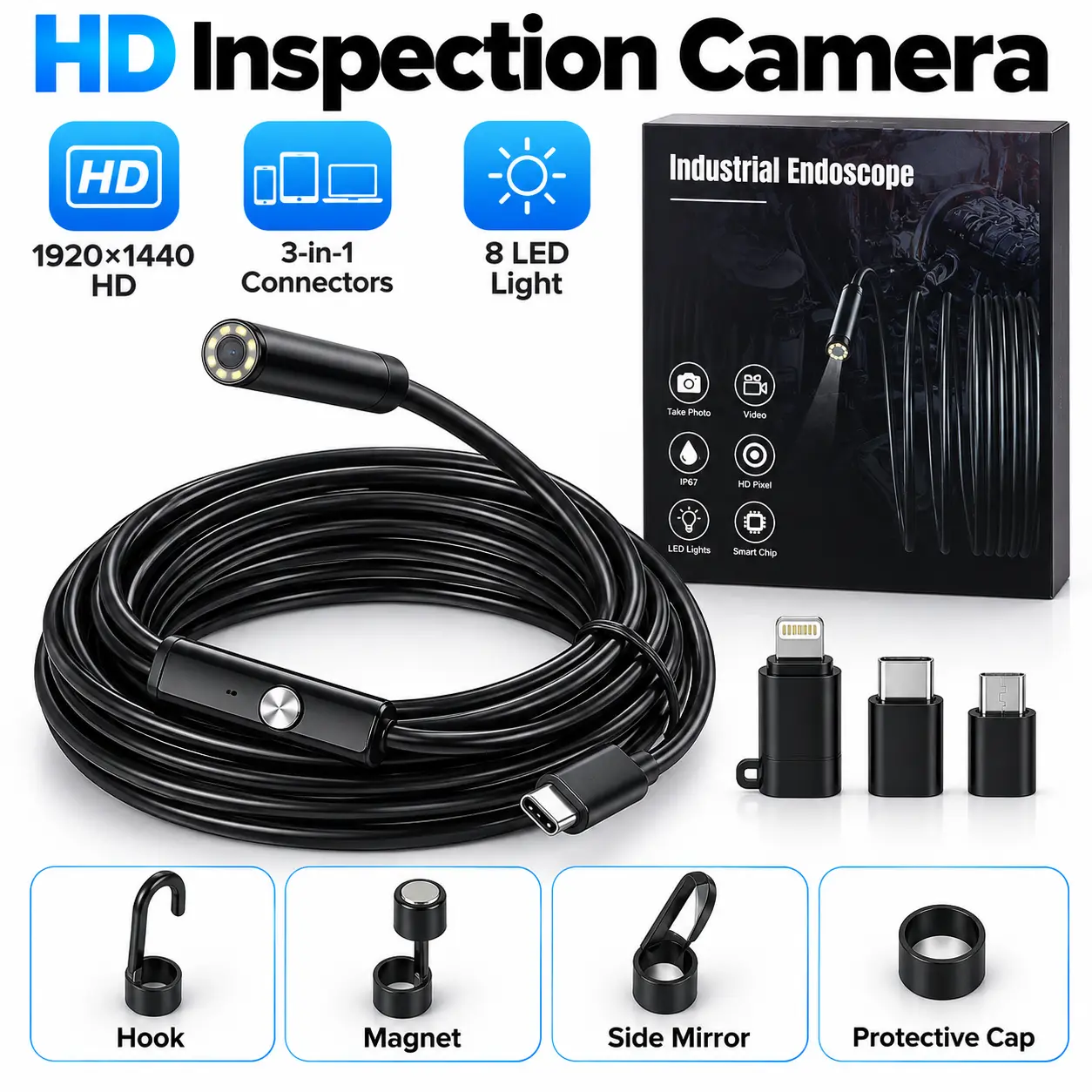 Endoscope Camera with Light, 1920P HD Borescope Camera with 8 Adjustable LED Lights, 16.4ft Semi-Rigid Snake Camera, IP67 Waterproof Boroscope Inspection Tools for iOS and Android
